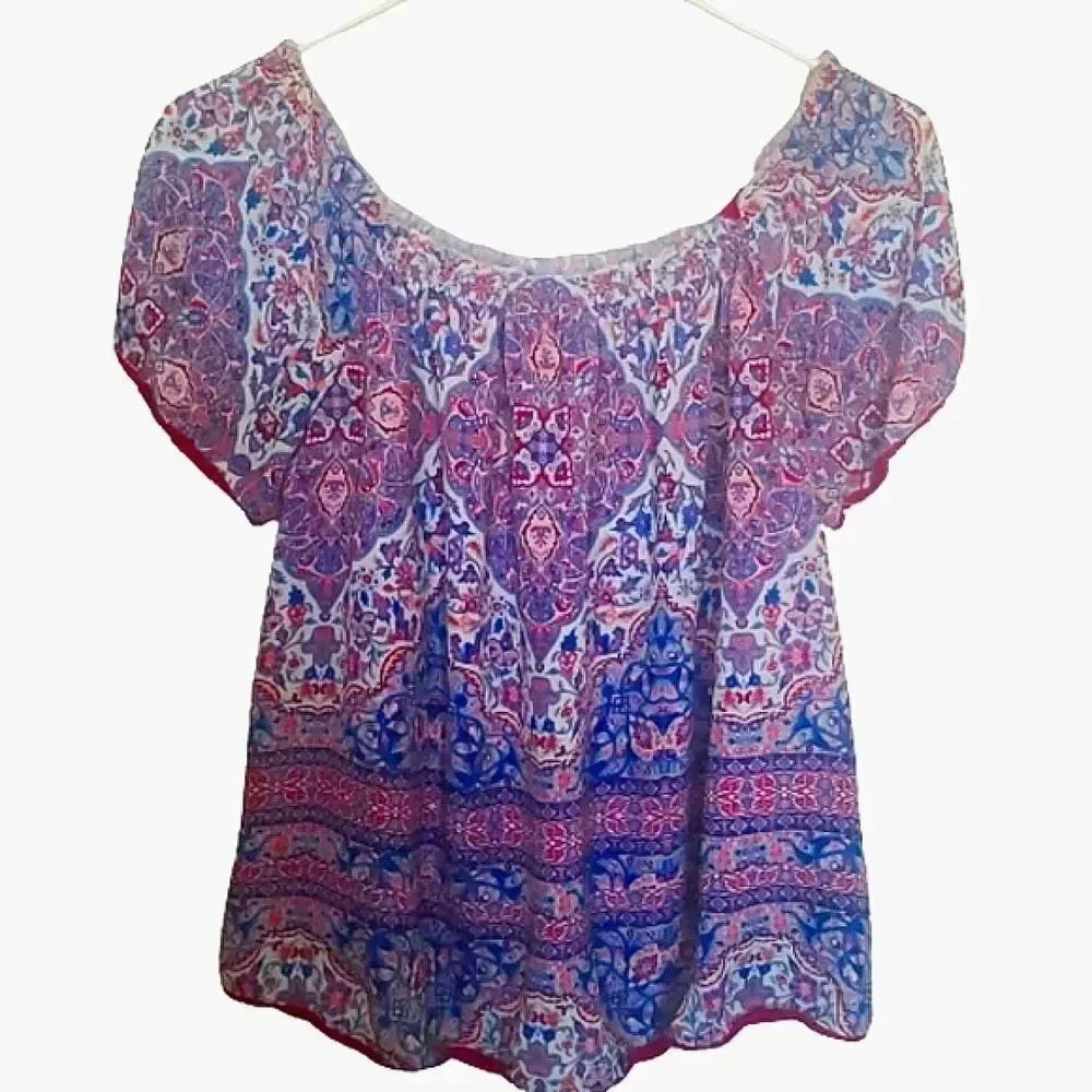 Heartloom cap sleeve blue and red print blouse Size Small